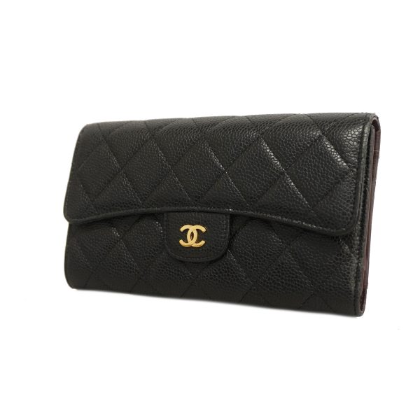 Chanel Matelasse Tri-fold Long Wallet GoldMetal Women s CaviarLeather Black Online