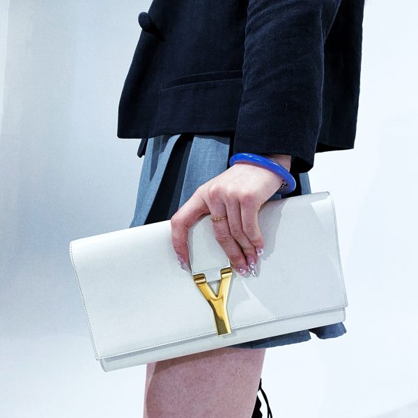 Yves Saint Laurent White Textured Leather Y-ligne Clutch Fashion