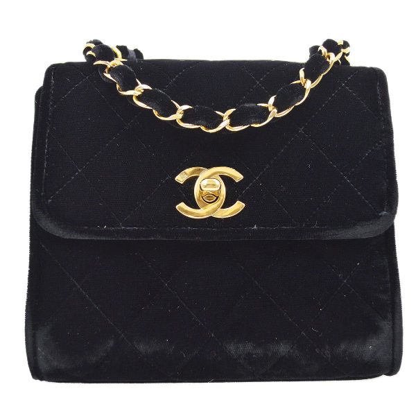 CHANEL 1991-1994 Black Velvet Quilted Shoulder Bag 10068 For Cheap