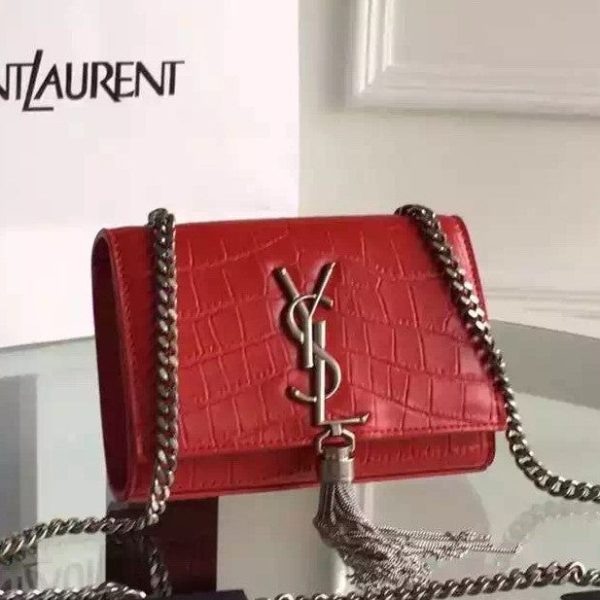 Yves Saint Laurent Small Monogram Tassel Satchel In Red Crocodile Leather For Sale