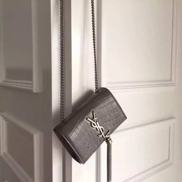 Yves Saint Laurent Small Monogram Tassel Satchel In Grey Crocodile Leather on Sale