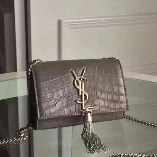 Yves Saint Laurent Small Monogram Tassel Satchel In Grey Crocodile Leather on Sale