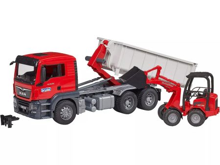 BRUDER CONSTRUCTION 1:16 MAN TGS TRUCK WITH ROLL-OFF CONTAILNER & SCHAEFF COMPACT LOADER Fashion